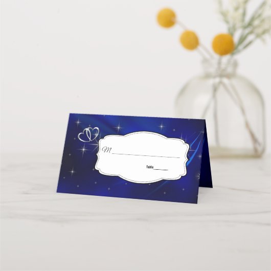 Carte De Placement Royal Blue Stars & Silver Hearts Mariage (Devant)