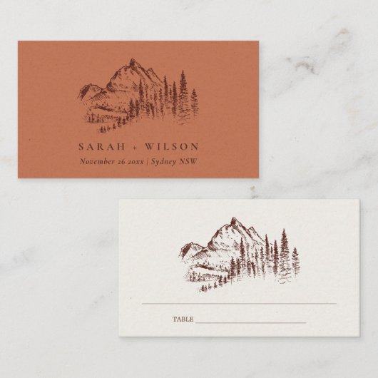 Carte De Placement Rust Orange Pine Woods Mountain Sketch Mariage (Devant / Derrière)