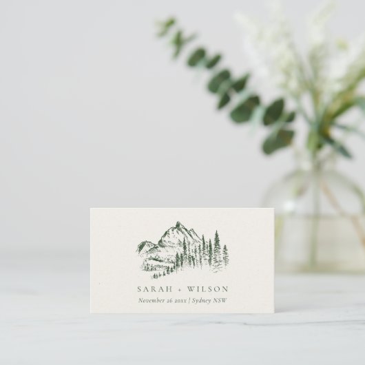 Carte De Placement Rustic Green Pine Woods Mountain Sketch Mariage (Debout devant)