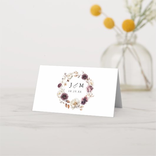 Carte De Placement Rustique Automne Marsala Floral Mariage (Dos)