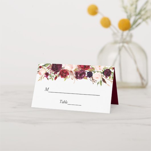 Carte De Placement Rustique Bourgogne Rouge Floral Chic Mariage Table (Devant)