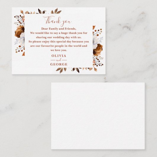 Carte De Placement Rustique Terracotta Automne Floral Mariage Merci (Devant / Derrière)