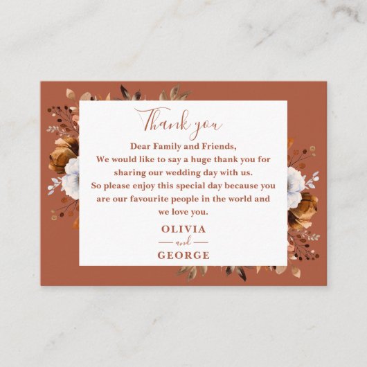Carte De Placement Rustique Terracotta Automne Floral Mariage Merci (Devant)