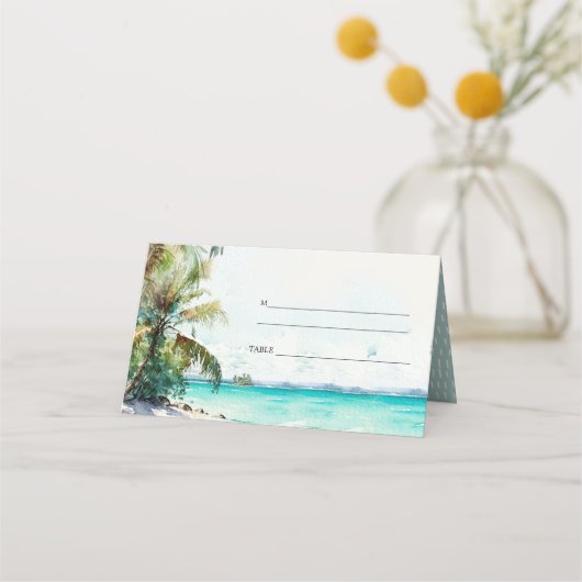 Carte De Placement Sable Tropical Beach Aquarelle Palm Trees Mariage (Dos)