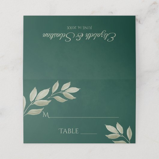 Carte De Placement Sage & Emerald Feuilles Élégant mariage écriture (Extérieur déplié)