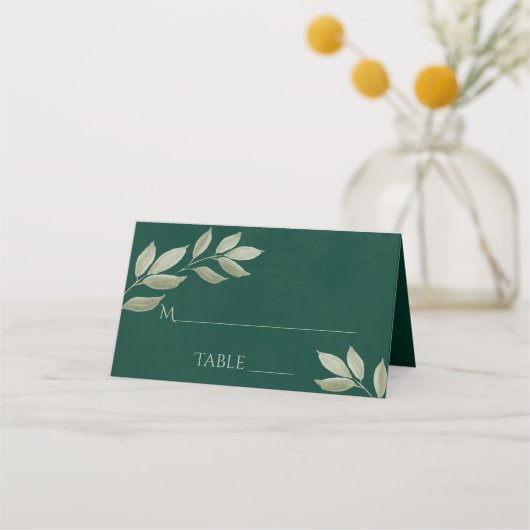 Carte De Placement Sage & Emerald Feuilles Élégant mariage écriture (Devant)