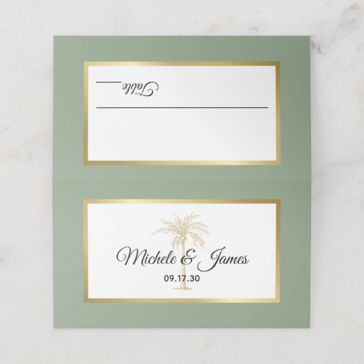 Carte De Placement Sage Green Gold Palm Tree Mariage moderne (Extérieur déplié)