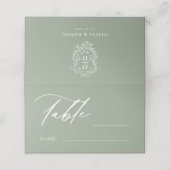 Carte De Placement Sage Green Monogram Crest Mariage Numéro de tablea (Extérieur déplié)
