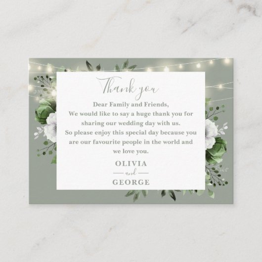 Carte De Placement Sage Green String éclaire le Merci Mariage Floral (Devant)