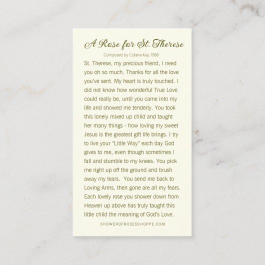 Carte De Placement Sainte Thérèse Carmélite Nun Rose Poème Religieux (Dos)