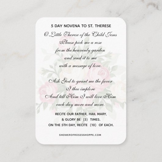 Carte De Placement Sainte Thérèse de l'Enfant Jésus Prière Novena Cat (Dos)