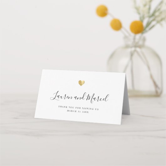 Carte De Placement Script élégant moderne Gold Heart Mariage Table (Devant)