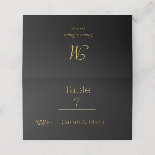 Carte De Placement Script moderne Noir & Or Noms Date Mariage (Extérieur déplié)