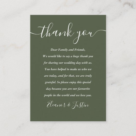 Carte De Placement Signature Script Mariage Olive Green Merci (Devant)