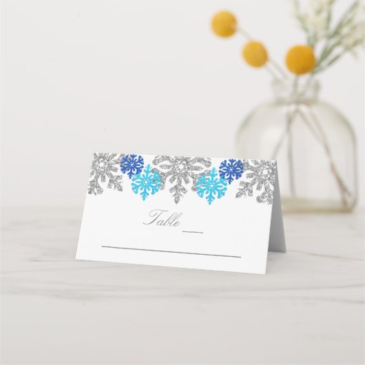 Carte De Placement Silver Blue Snowflakes Mariage d'hiver (Devant)
