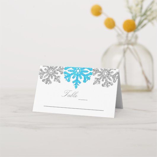 Carte De Placement Silver Blue Snowflakes Mariage d'hiver (Devant)