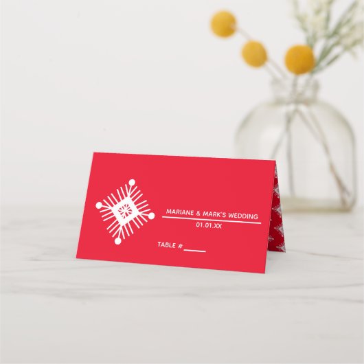 Carte De Placement Simple flocon de neige Rouge Blanc Mariage de Noël (Devant)