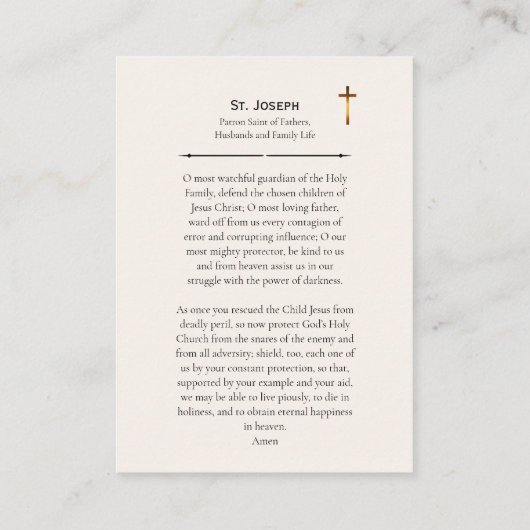 Carte De Placement St. Joseph Patron Saint Catholic Prayer Card (Dos)