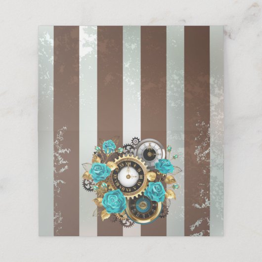 Carte De Placement Steampunk Clock and Turquoise Roses on Striped (Extérieur déplié)