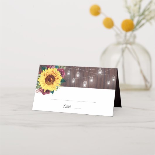 Carte De Placement Sunflower Mason Jar Lights Mariage en bois (Devant)