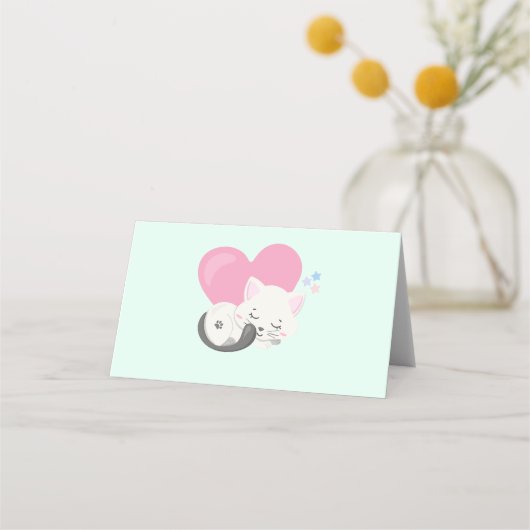 Carte De Placement Sweet Kitty Chat Dormir avec un grand coeur rose (Devant)