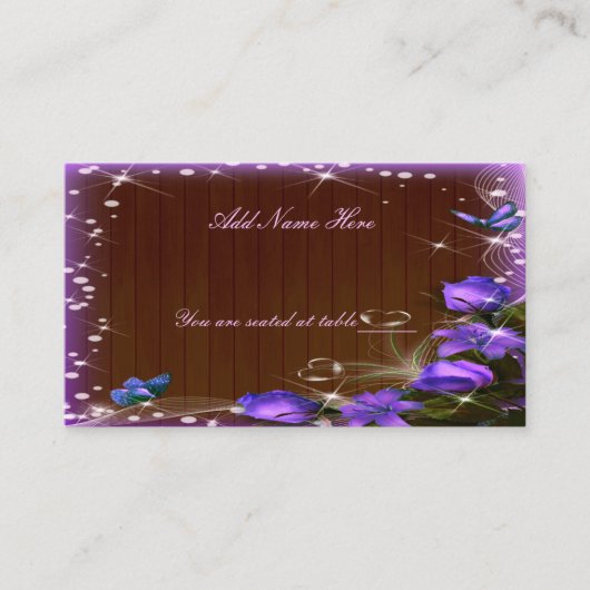 Carte De Placement Table à papillon floral violet en bois foncé rusti (Devant)