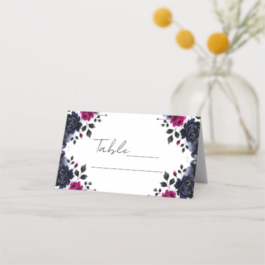 Carte De Placement Table aquarelle florale rose magenta et bleu  (Devant)