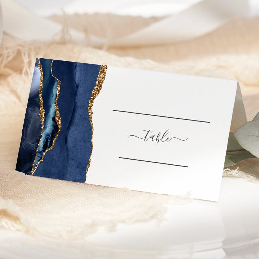 Carte De Placement Table de mariage chic bleu marine agate dorée