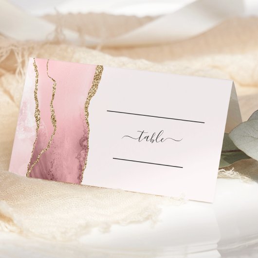 Carte De Placement Table de mariage chic rose poudré or agate