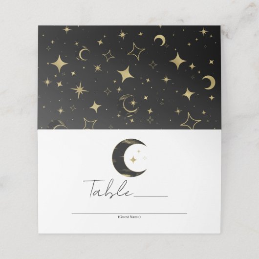 Carte De Placement Table de mariage Lune Étoiles Célestes Noir & Or (Extérieur déplié)