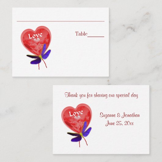 Carte De Placement Table Mariage Love Red Heart (Devant / Derrière)