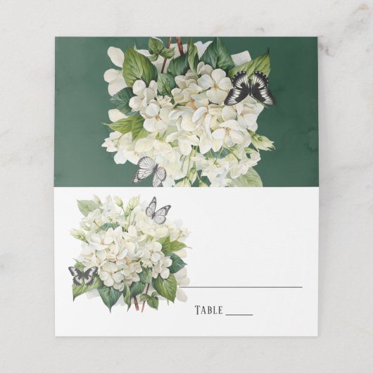 Carte De Placement Tableau Mariage chic blanc Hydrangea et Papillon (Extérieur déplié)