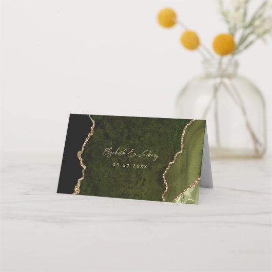 Carte De Placement Tableau Mariage de script d'agate or vert olive (Dos)