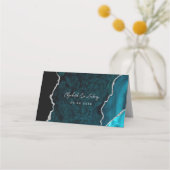 Carte De Placement Teal Blue Silver Agate Script Wedding Table (Dos)