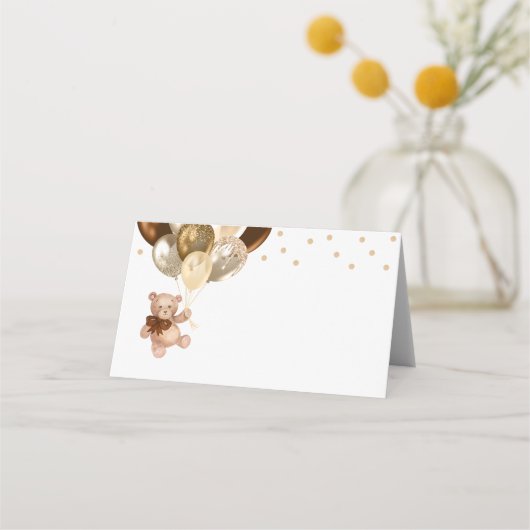 Carte De Placement Thème Ours en Peluche Marron et Ballons Dorés pour (Devant)