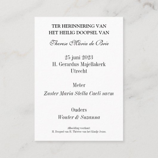 Carte De Placement Therese Maria Baptism (Dos)