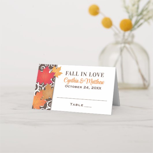 Carte De Placement Tombe en amour Élégant automne Feuilles Mariage (Devant)