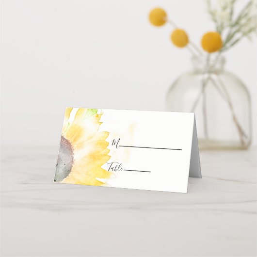 Carte De Placement Tournesol jaune sur Mariage d'aquarelle blanche (Devant)