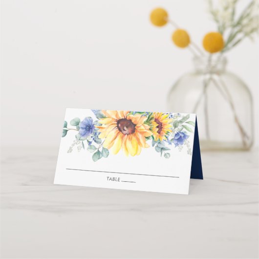 Carte De Placement Tournesol Rustique Bleu Floral Mariage Nom d'hôte (Dos)