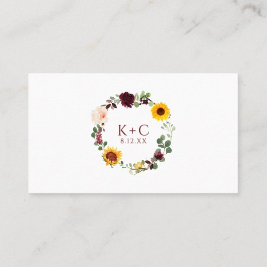Carte De Placement Tournesols Bourgogne Roses Rouges Automne Mariage (Dos)