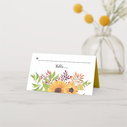 Carte De Placement Tournesols couleur jaune et mariage feuille (Devant)