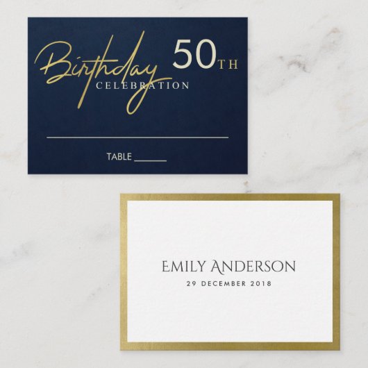 CARTE DE PLACEMENT TOUT ÂGE SIMPLE MARINE GOLD TYPOGRAPHIE NAISSANCE (Devant / Derrière)