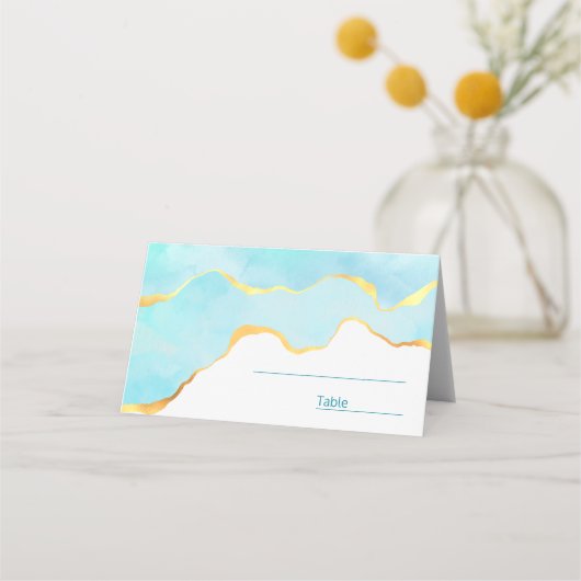 Carte De Placement Tranquille Tropical Vert Bleu avec bordure or (Devant)