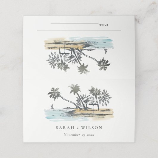 Carte De Placement Tropical Beach Palm Tree Sketch Mariage d'aquarell (Extérieur déplié)