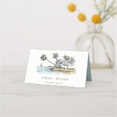 Carte De Placement Tropical Beach Palm Tree Sketch Mariage d'aquarell (Devant)