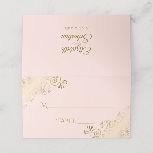Carte De Placement Trucs d'or sur Blush Pink Elegant Mariage écriture (Extérieur déplié)