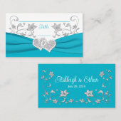 Carte De Placement Turquoise, Blanc, Silver Love Hearts Mariage (Devant / Derrière)
