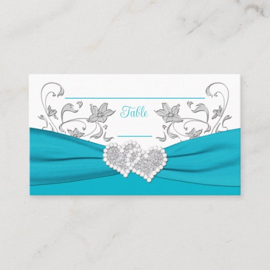 Carte De Placement Turquoise, Blanc, Silver Love Hearts Mariage (Devant)