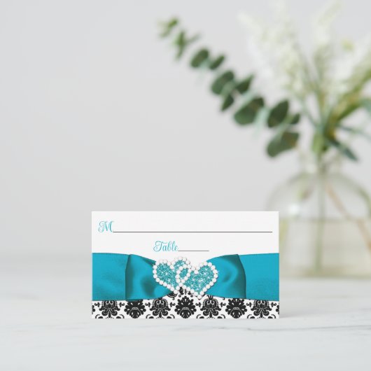 Carte De Placement Turquoise, Noir Damask Love Hearve Mariage (Debout devant)