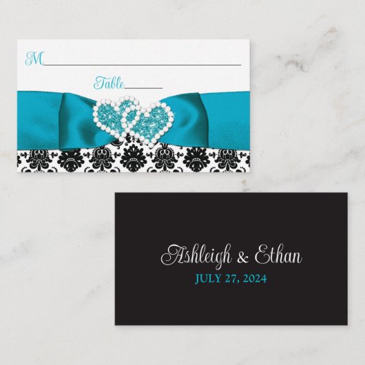 Carte De Placement Turquoise, Noir Damask Love Hearve Mariage (Devant / Derrière)